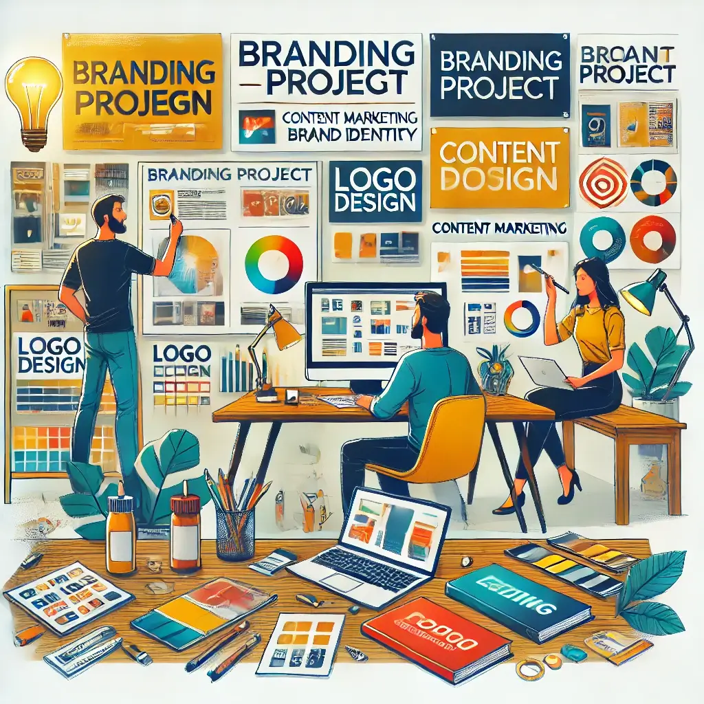 Branding Agentur arbeitet an Branding-Projekten wie Logo-Design, Markenidentität und Content-Marketing.